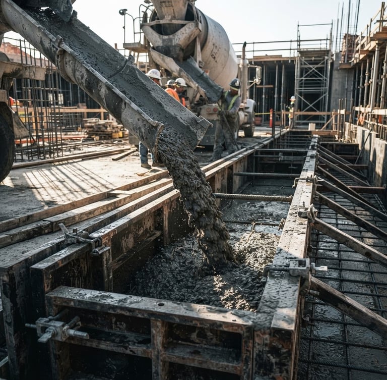 Low-angle shot of wet concrete flowing from a chute into steel formwork, bright morning sunlight casting long shadows, raw gray tones, high-contrast industrial photography, 35mm lens