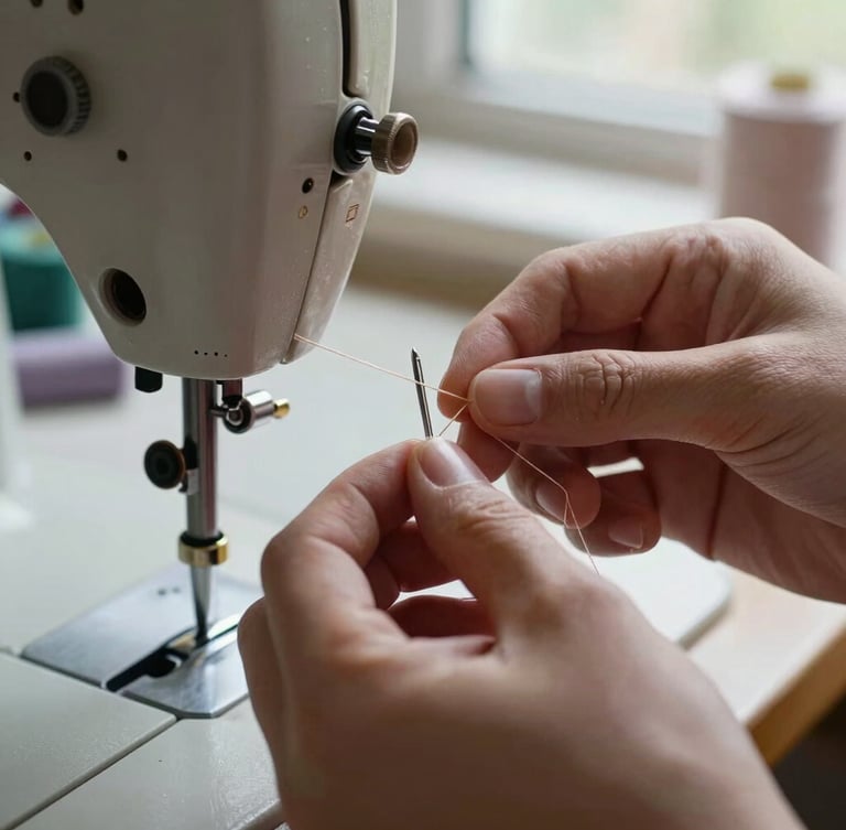 Macro photographic shot of artisan hands threading a vintage sewing machine needle, soft natural daylight filtering through an atelier window, focus on the texture of the metallic needle and the fine champagne-colored thread.
