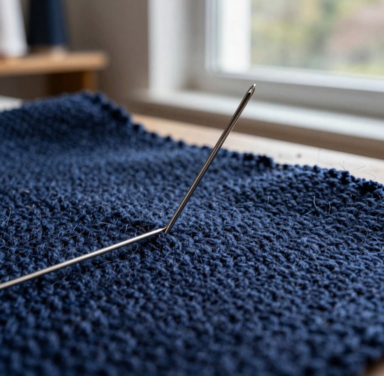 Extreme close-up of a silver needle threading through heavy navy wool fabric, soft natural daylight from an atelier window, highlighting the rich textile texture.