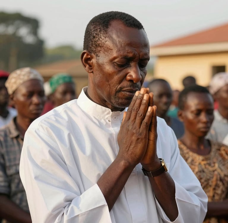 Candid portrait of Pastor Titus praying with community members in Kampala, warm golden hour sunlight, natural outdoor setting.
