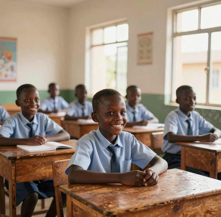 Candid medium shot of smiling Ugandan children in clean school uniforms sitting at wooden desks, warm morning light streaming through open classroom windows.