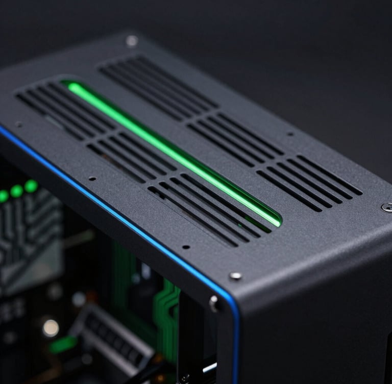 Macro close-up of sleek matte-black computer chassis ventilation grilles and internal circuitry illuminated by sharp cyber-green rim lights