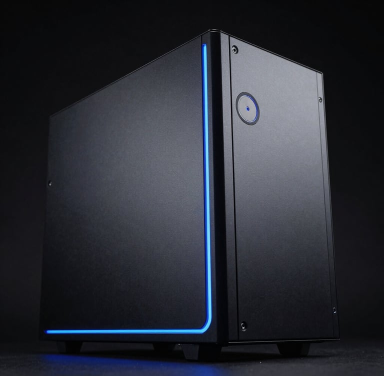 Low-angle heroic shot of a sleek matte-black computer workstation chassis under moody studio lighting with sharp electric blue rim lights, high-contrast matte textures