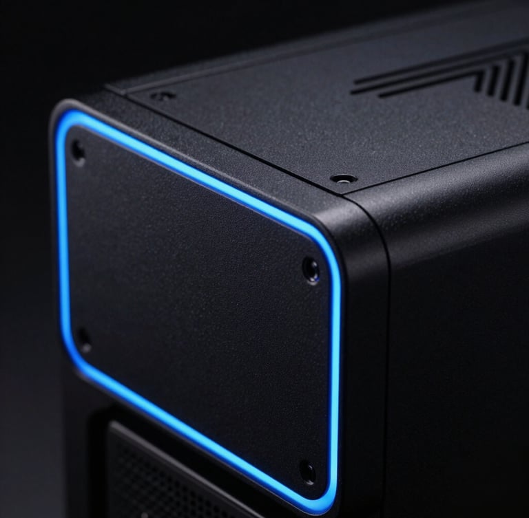 Macro close-up of sleek matte-black computer chassis with sharp neon blue rim lighting, high-contrast dark studio background, technical hardware aesthetic