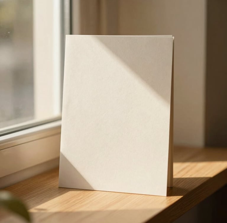 Warm editorial photography, soft golden-hour window light, muted amber and cream tones, shallow depth of field, 35mm. Textured paper mockups and natural wood surfaces, soft shadows cast by leaves.