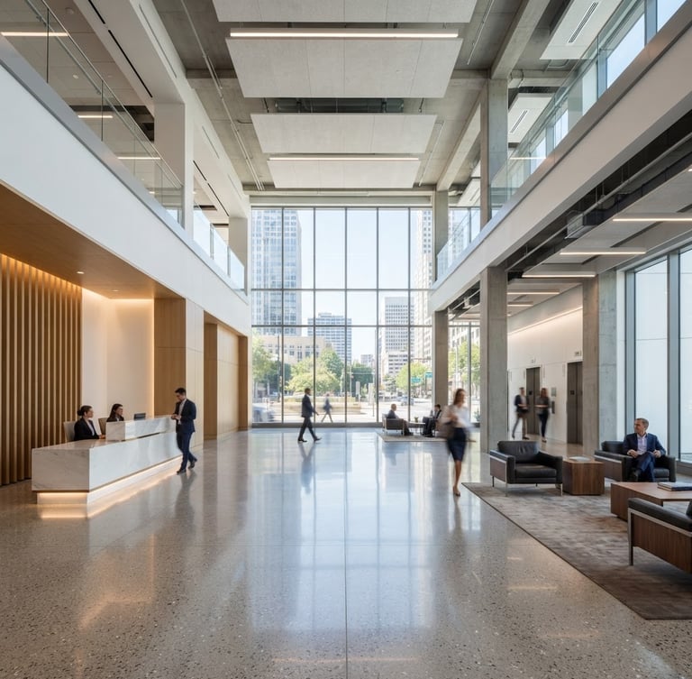 Wide shot of a clean, modern commercial building lobby with high ceilings and polished floors, bright daylight, professional architectural photography, 24mm wide-angle lens.