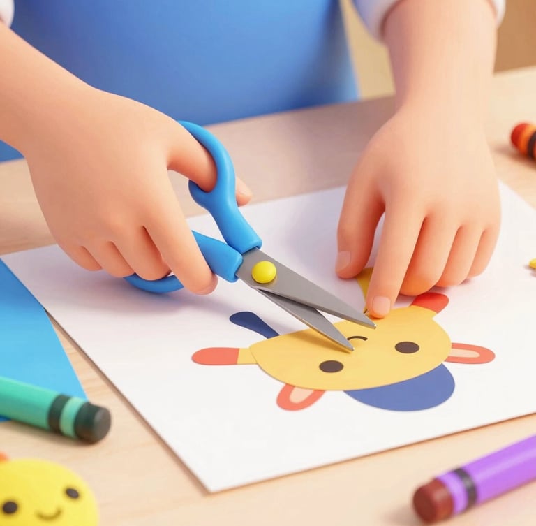 Close-up, eye-level shot of a child's hands carefully cutting out a paper craft template with child-safe scissors, colorful paper and crayons on a clean tabletop, bright, cheerful studio lighting, soft shadows, vibrant 3D digital illustration.