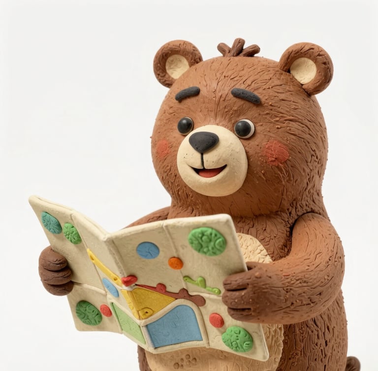 Barnaby the Bear, a cheerful 3D animated character, holding a large, colorful map, smiling, bright soft lighting, clean claymation aesthetic