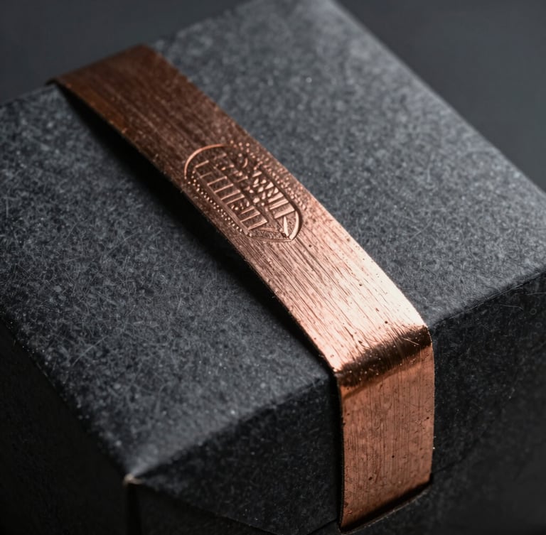 Cinematic macro shot of premium textured cardboard packaging, deep charcoal paper with embossed copper foil detailing, soft dramatic studio lighting with sharp highlights