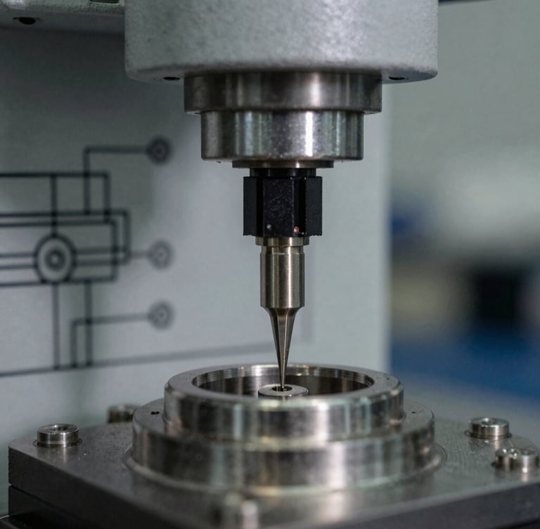 Close-up of industrial testing equipment probes touching a metallic component, sharp focus, technical schematic lines in background, high-contrast technical lighting