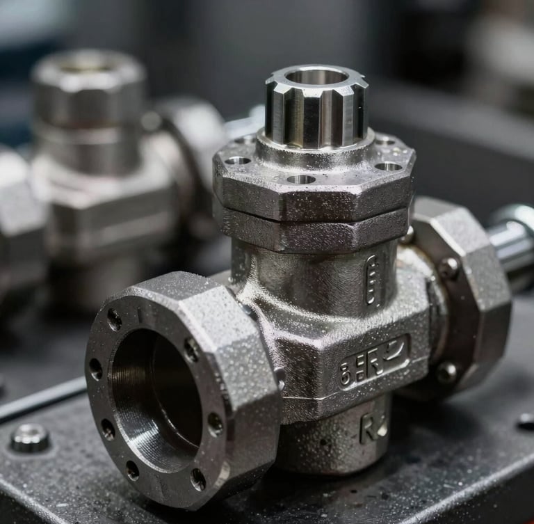 Sharp industrial photography, macro shot of a steel hydraulic valve with visible engraved part numbers, high-contrast lighting, 35mm