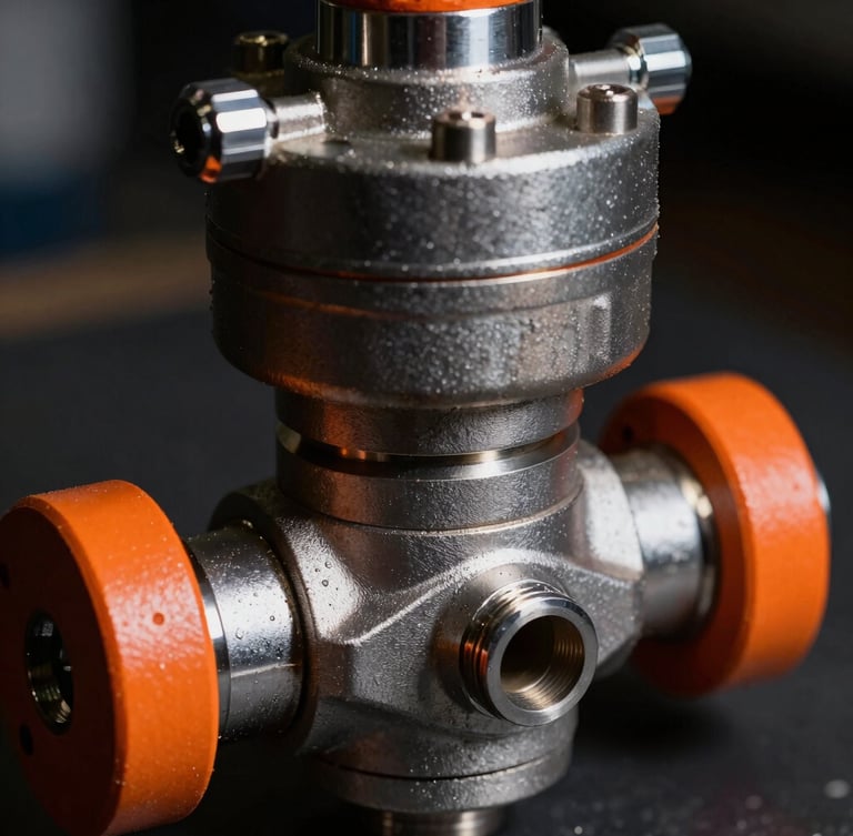 Macro close-up of an industrial pneumatic actuator valve, high-contrast dramatic lighting, metallic steel tones with safety orange accents, 35mm