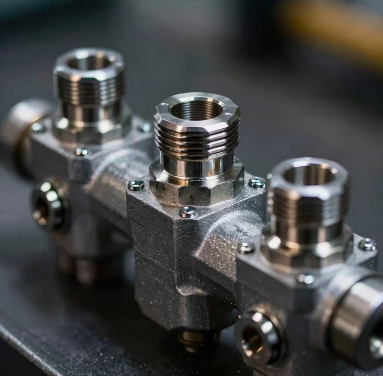 Macro shot of a heavy-duty hydraulic manifold block with steel fittings, high-contrast industrial lighting, cool metallic reflections, shallow depth of field