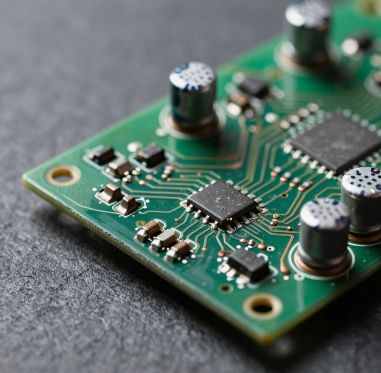 Macro shot of a dusty vintage green circuit board with copper traces and capacitors, sharp industrial photography, high-contrast dramatic lighting, slate gray tones, 35mm
