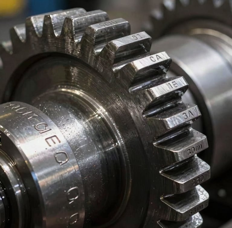 sharp industrial photography, macro close-up of a massive steel gear with visible part numbers stamped on the collar, dramatic high-contrast lighting, metallic steel tones, macro depth of field, 35mm