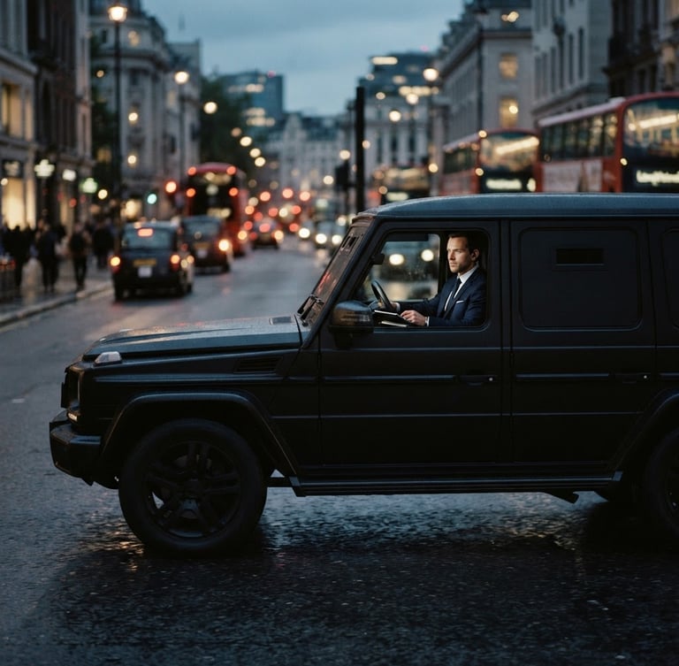 Wide cinematic shot of a sleek, dark armored SUV driving through a city street at dusk, blurred city lights in the background, professional operative in a tailored suit visible in the passenger seat, low-key lighting, muted navy and charcoal tones, sharp focus, discreet atmosphere, 35mm