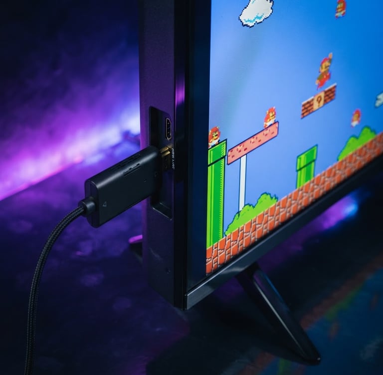 Close-up of a sleek HDMI game stick plugged into the side of a modern TV, screen showing a classic 8-bit game, moody studio lighting with neon purple and blue backlights, dark reflective background, sharp focus, 35mm lens
