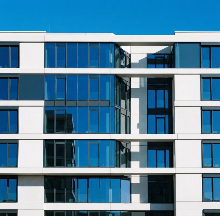 Bright, high-contrast architectural facade with clean geometric lines, cobalt blue reflections in glass, sharp daylight shadows, minimalist composition, 35mm lens.