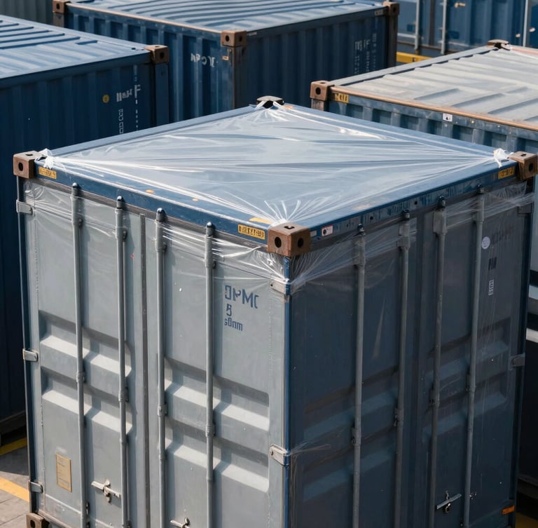 Close-up of sealed high-value cargo containers in a clean modern warehouse, bright daylight, steel tones with subtle navy accents, sharp focus, editorial 35mm.