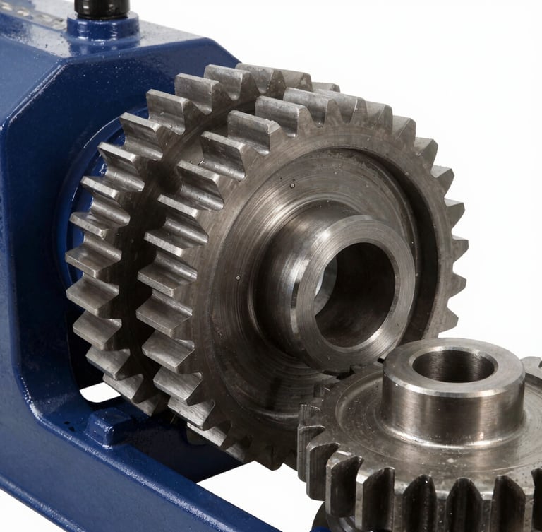 Close-up of industrial machinery spare parts, heavy steel gears, clean studio lighting, high contrast, editorial 35mm