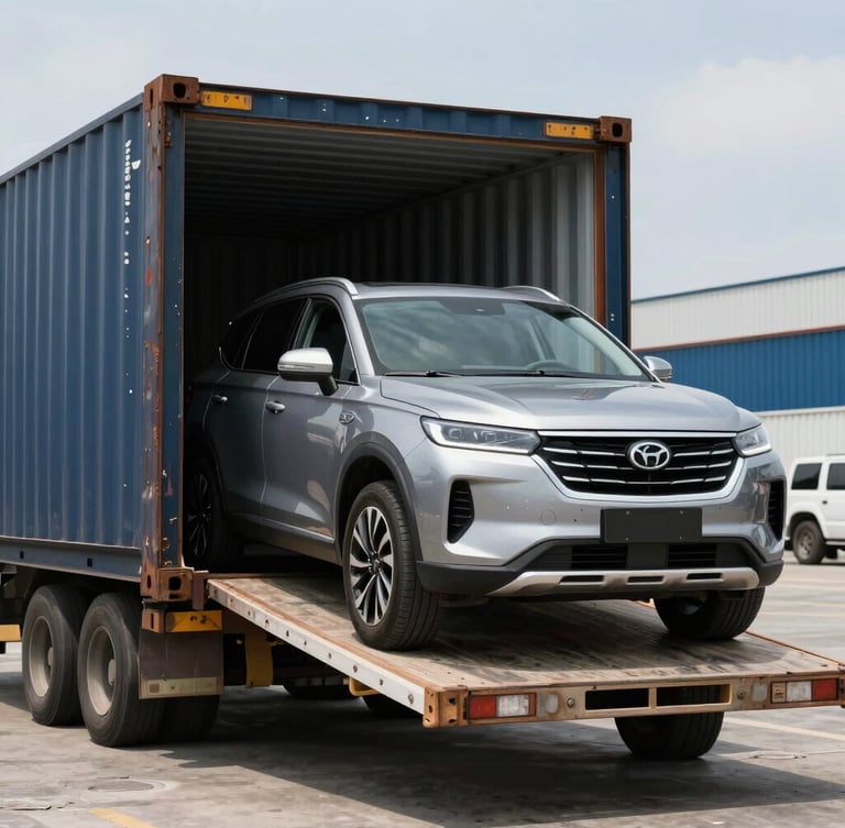 A premium modern SUV being carefully unloaded from a shipping container at a bright Libreville logistics warehouse, crisp daylight, sharp focus.