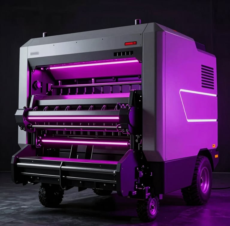 Sleek modern agricultural processing machinery, cold steel tones, dramatic magenta and purple neon gel lighting, high contrast, sharp focus, 35mm editorial style
