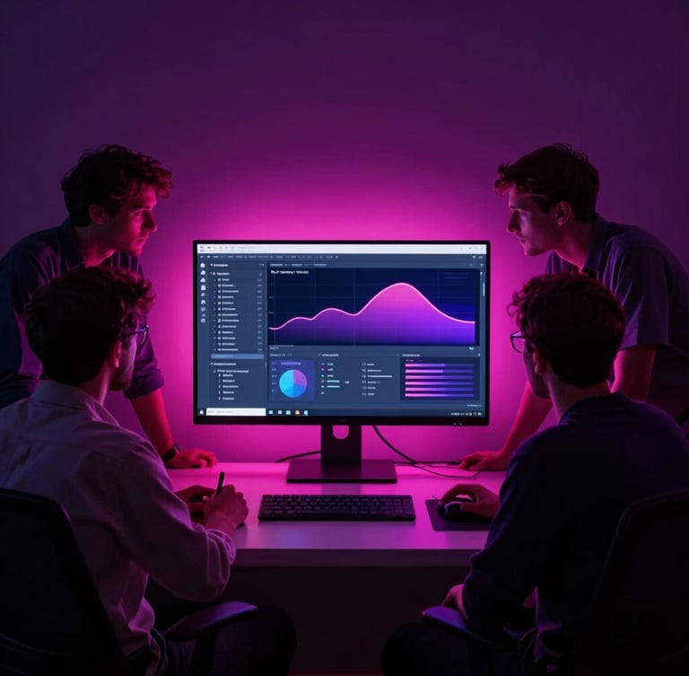 Sleek tech agency studio, creative professionals collaborating around a screen, dramatic neon pink and purple gel lighting, high-contrast dark tones, sharp focus, 35mm editorial photography.