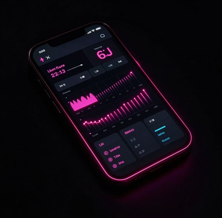 Sleek technology photography, high-contrast dark tones, dramatic neon pink gel lighting, sharp focus, 35mm editorial style, dynamic angle on a high-end digital interface mockup.