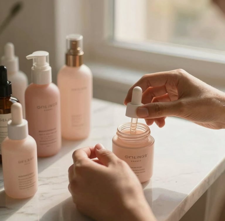 Close-up of elegant hands arranging clean beauty product bottles on a marble surface, warm morning light, soft shadows, 35mm