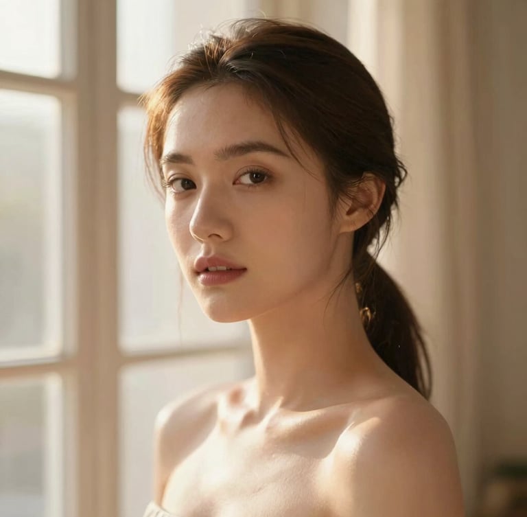 Warm portrait of a elegant woman with clean skin, natural golden hour window light, soft rose and espresso tones, shallow depth of field, 35mm