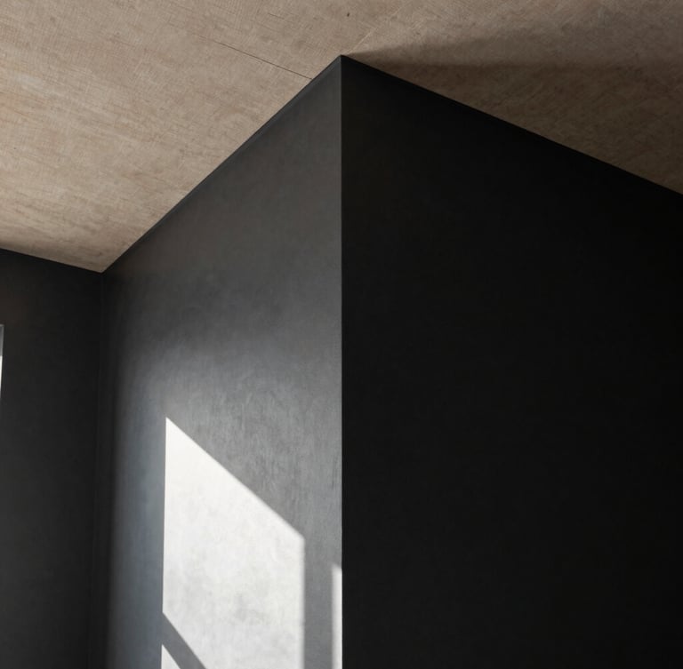 A tall architectural slice of a room showing the transition from matte charcoal walls to a raw linen ceiling, sharp shadow lines from directional morning light.
