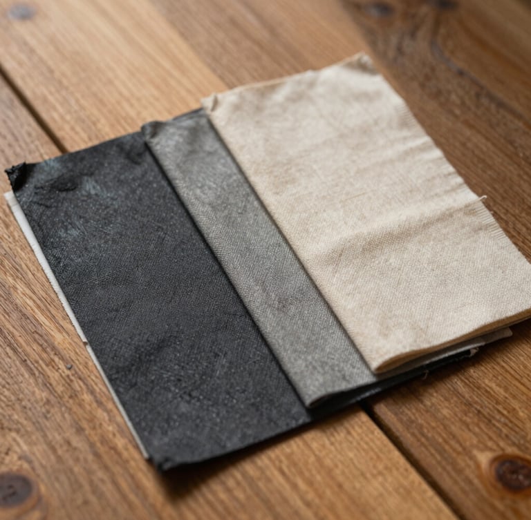 A close-up of physical paint swatches in warm charcoal and raw linen resting on a raw oak plank, natural morning light revealing subtle undertones.