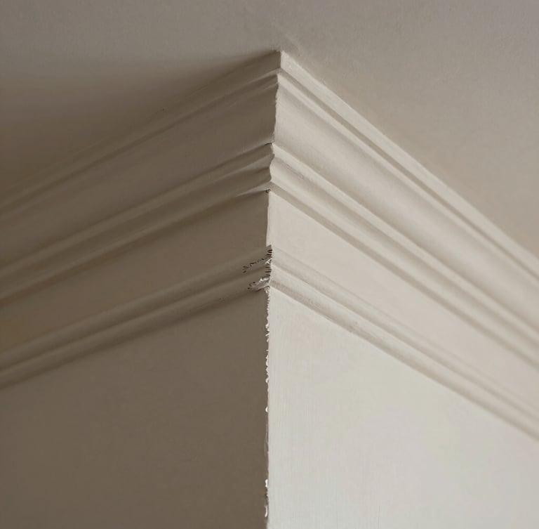 A tight, abstract detail shot of a plaster wall corner, showing a razor-sharp paint line against historic crown molding under soft daylight.