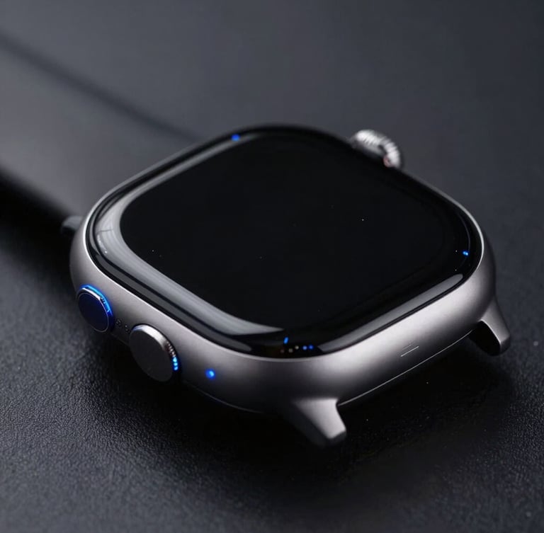 Macro shot of a sleek modern smartwatch with a dark metallic bezel and active screen, cool studio lighting with sharp electric blue accents, dark minimal background, 85mm lens