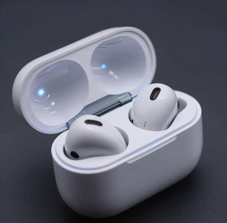 Close-up of premium wireless earbuds resting in an open charging case, subtle electric blue ambient backlighting, sharp focus on metallic contacts, dark gray background