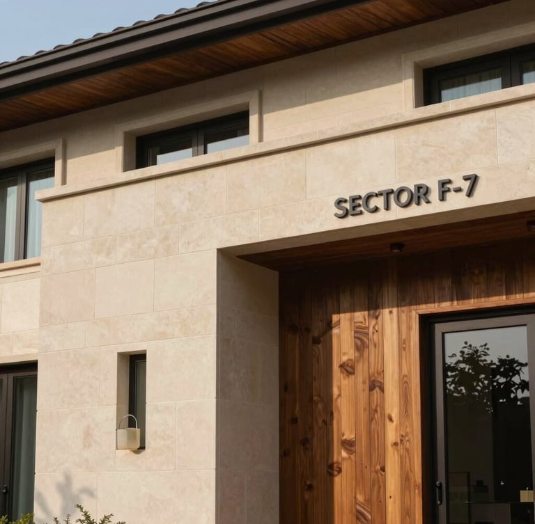 Close-up architectural detail of a premium custom villa facade in Sector F-7, showcasing clean sandstone lines and local timber cladding under crisp morning light.
