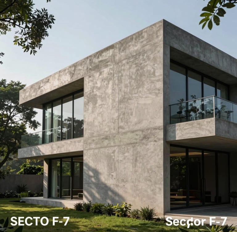 Tactile architectural detail of a modern concrete and glass villa in Sector F-7, Islamabad, framed by lush Margalla greenery under crisp morning light, high-contrast shadows.