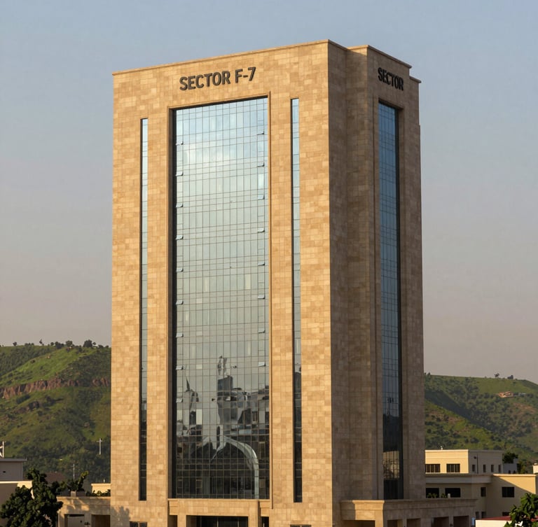 A prestigious modern office building in Sector F-7 Islamabad, warm Pakistani sandstone facade, clean glass lines, framed against the soft green Margalla Hills at golden hour, architectural detail.