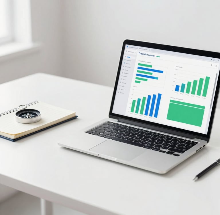 A minimalist modern workspace with a sleek laptop displaying clean data charts, a compass resting on a notebook, bright high-key daylight, crisp blue and green accents