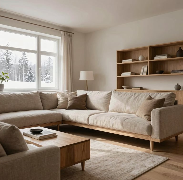 Wide panoramic Scandinavian living room with soft natural daylight, minimalist oak furniture, beige linen sofa, and subtle architectural details.