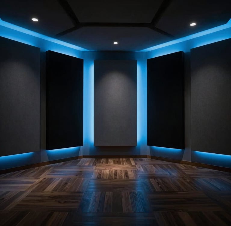 Architectural wide shot of a minimalist NYC recording studio, clean lines, acoustic panels, low-key atmospheric lighting with sharp electric blue neon accents, deep shadows, 35mm