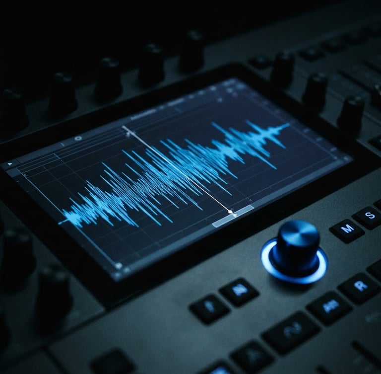Macro shot of a high-end digital audio workstation interface, glowing electric blue waveform lines across a dark screen, minimalist studio environment, sharp focus, 35mm