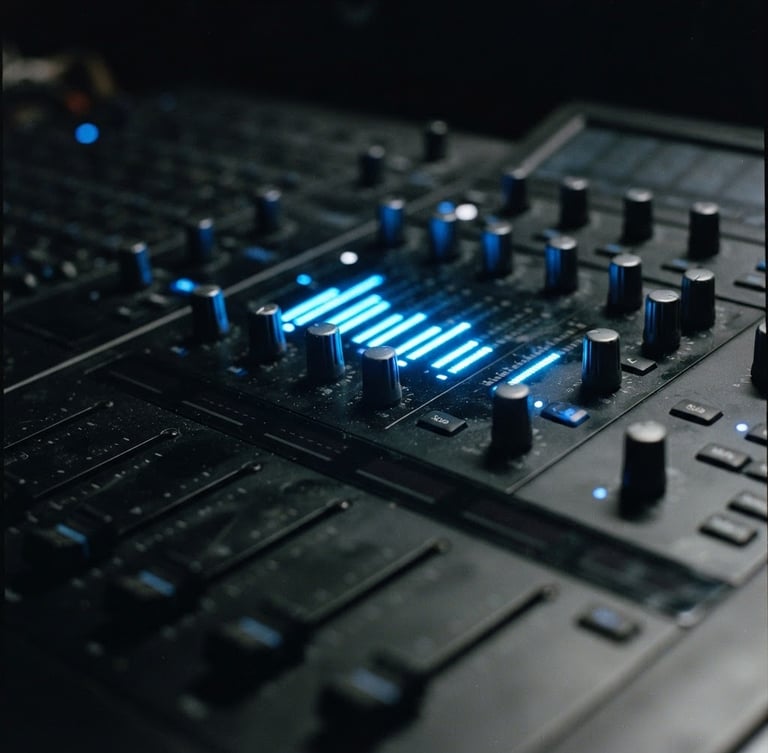 Extreme close-up of a modern digital audio workstation, glowing electric blue meters, dark shadows, sleek minimalist controls, moody editorial photography, 35mm