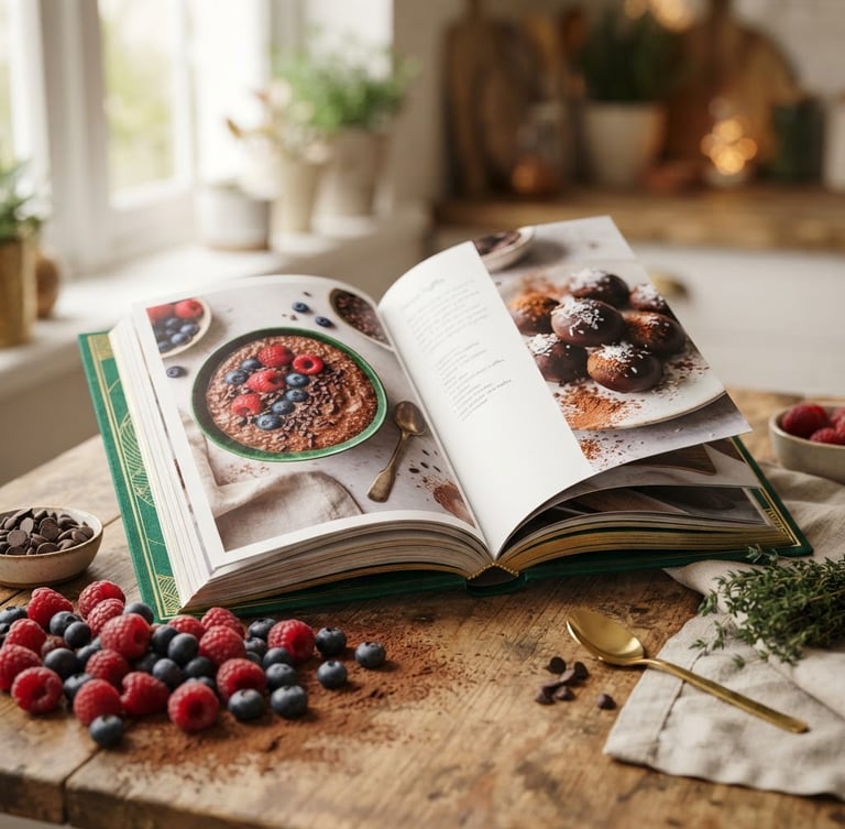 3D mockup of the 'Postres Fit Sin Culpa' ebook, open to a recipe page, surrounded by fresh berries and cocoa powder, bright natural side-lighting, shallow depth of field, rich emerald and gold tones, 35mm