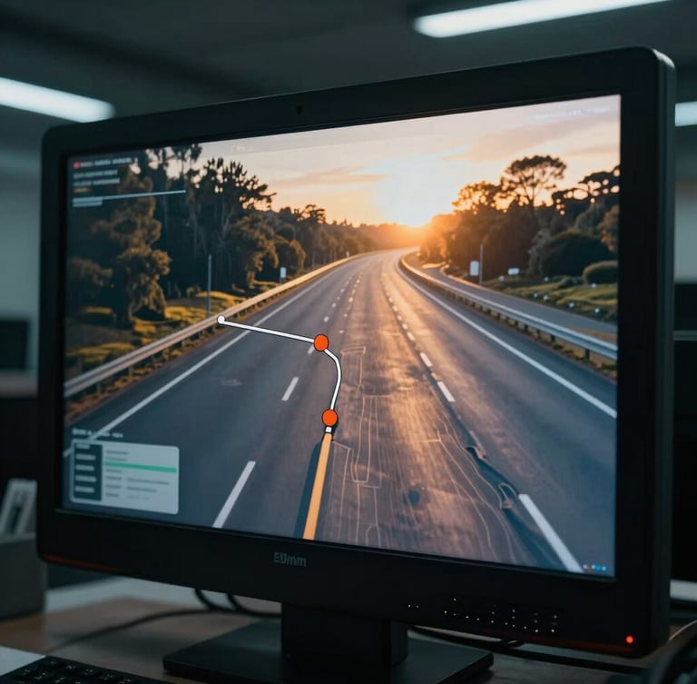 Cinematic transportation photography, close-up of a modern dispatch screen displaying a route map, high-contrast cool-toned office lighting, 35mm