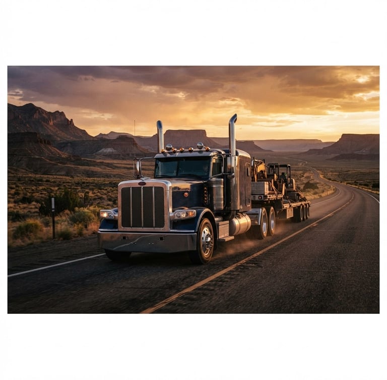 Cinematic transportation photography, a heavy-duty semi-truck driving on an open desert highway at golden hour, low-angle heroic perspective, warm high-contrast light, 35mm