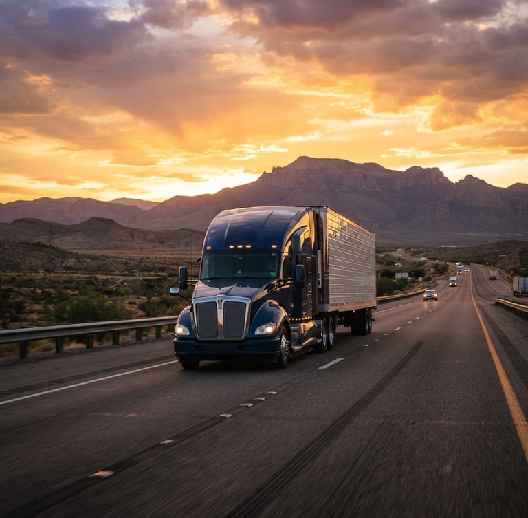 Wide environmental shot of a modern heavy-duty semi-truck driving on an open highway at sunset, dramatic golden hour lighting, cinematic transportation photography