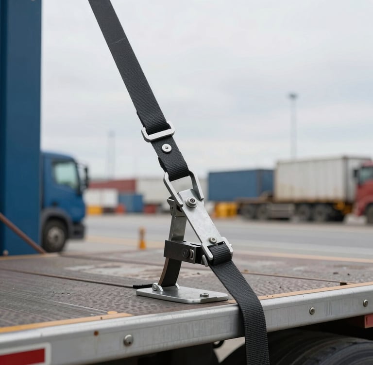 Close-up of technical cargo lashing with heavy-duty straps and steel tensioners on a flatbed truck, industrial port background, sharp focus, overcast daylight