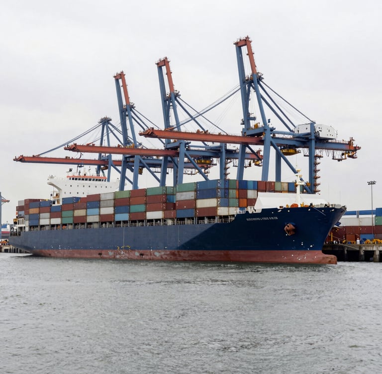 Wide-angle industrial port at overcast daylight, massive container ship docked alongside slate blue cranes, steel grey water, sharp focus, 35mm lens