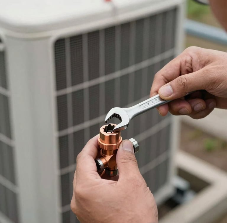 Tight macro shot of a technician's hands using a socket wrench to secure a copper valve on a condenser unit, bright natural daylight, sharp technical focus.